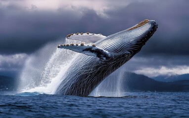 Fototapeta premium National Geographic Majestic Blue Whale breaching the ocean surface, its colossal body creating a powerful splash as it crashes back into the sea