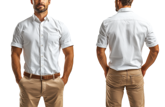 stylish man in white short sleeve shirt and beige pants, showcasing front and back views