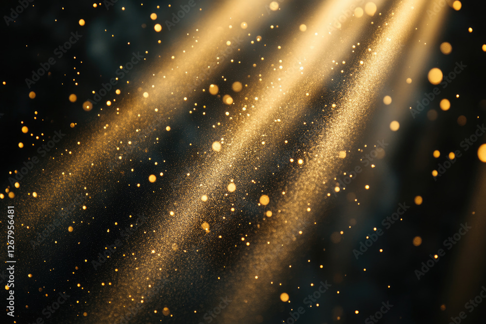 Poster Golden light rays illuminate a dark background, sparkling with glittering dust and bokeh effects.