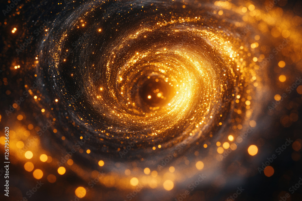 Poster a mesmerizing golden spiral of light and particles, resembling a cosmic vortex or galaxy.