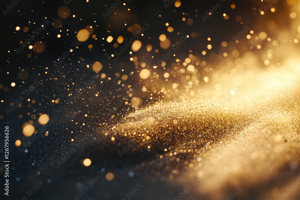 Poster Golden glitter particles floating in dark background, creating a magical and luxurious effect.
