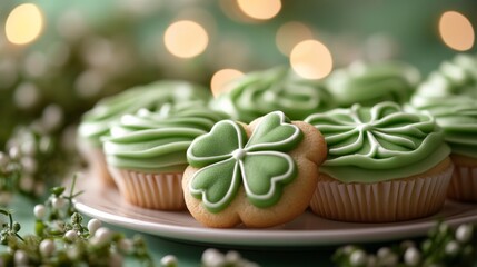 Green cupcakes decorated with shamrock designs for St Patrick's Day celebration