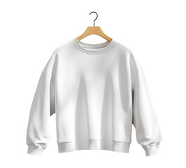 White sweatshirt hanging on wooden hanger, showcasing minimalist design