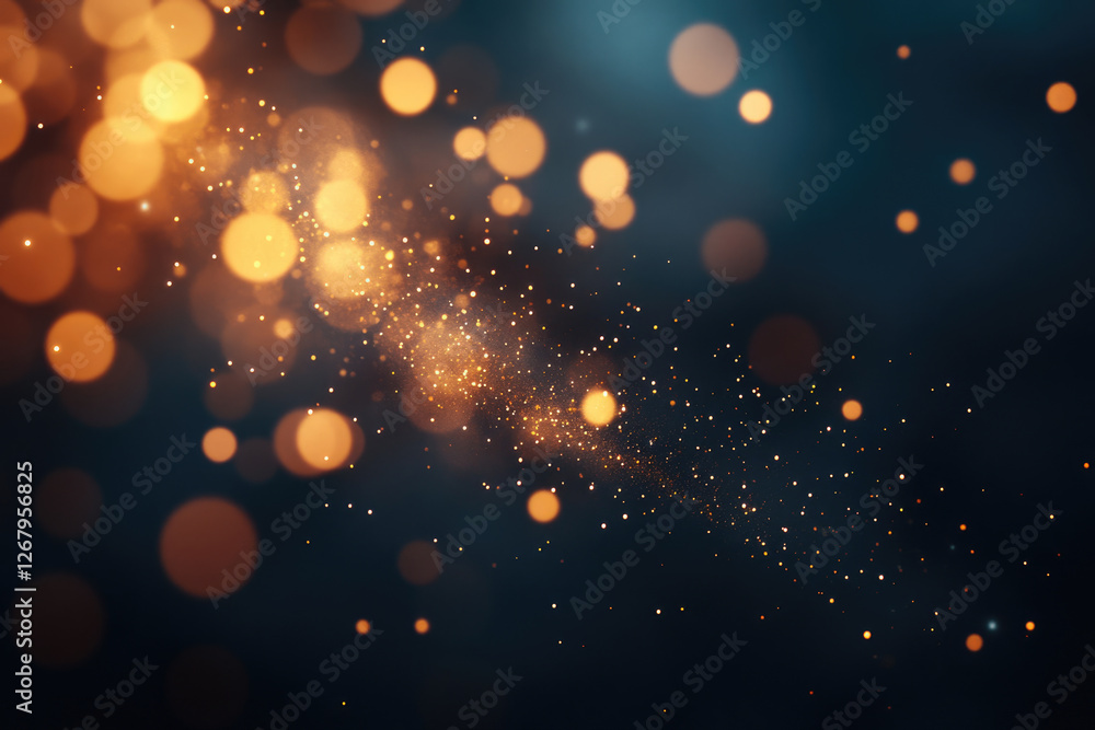 Poster Abstract background with golden bokeh lights and sparkling particles on a dark background.