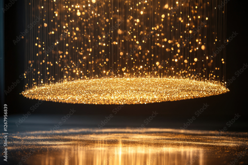 Poster golden glitter falls onto a circular surface, creating a mesmerizing, sparkling effect.
