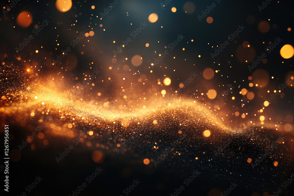 Aufkleber golden glitter particles floating on a dark background, creating a magical and luxurious effect.