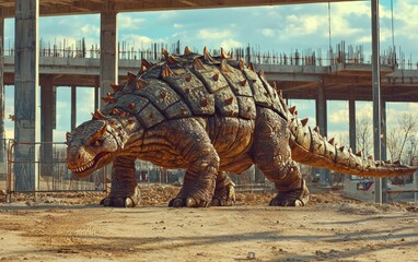 Fototapeta premium National Geographic Ankylosaurus wandering through a construction site, accidentally knocking over steel beams with its powerful tail