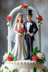 Classic Wedding Cake Topper with Elegant Bride and Groom Figurines.