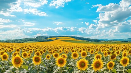 Fototapeta premium Vibrant Sunflower Field Under Clear Blue Sky with Fluffy Clouds