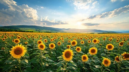 Fototapeta premium Bright Sunflower Field Under Blue Sky at Golden Hour