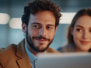smiling man looking at a screen with a colleague.