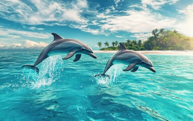 , National Geographic Playful Dolphins leaping out of crystal-clear turquoise water, splashes shimmering in the sun, tropical islands in the distance