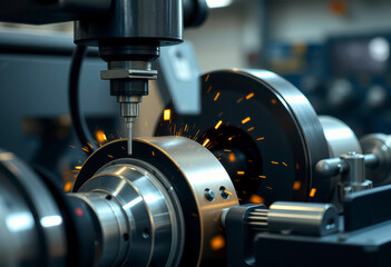 CNC turning machine processes metal, creating sparks and splashing cutting fluid in a busy industrial workshop filled with tools and equipment.