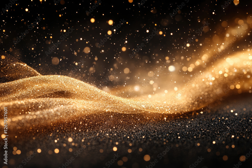 Poster golden glitter waves shimmer on a dark background, creating a luxurious and elegant aesthetic.