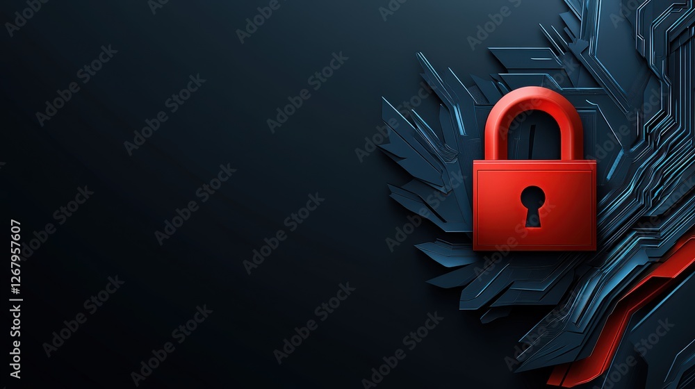 Poster stylish red padlock on dark background with abstract circuit elements