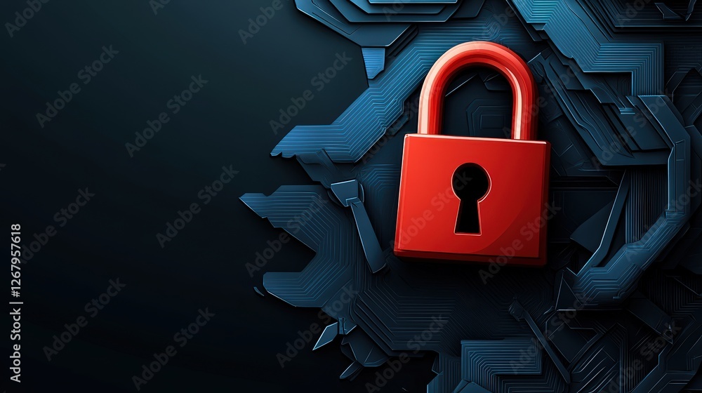 Poster red padlock on dark circuit background for cybersecurity concepts