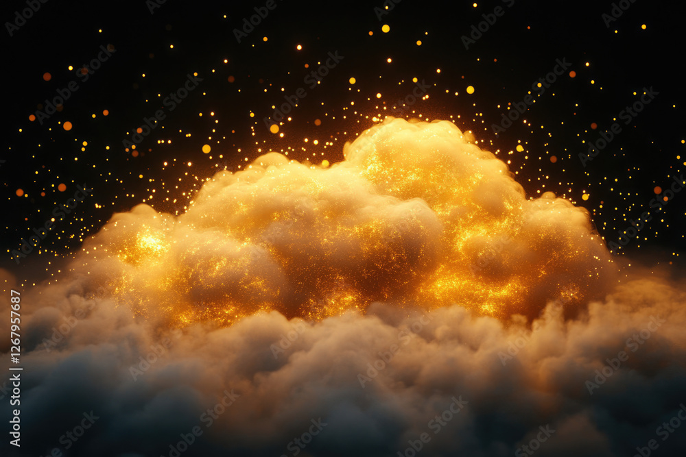 Poster Golden cloud formation with sparkling particles, celestial and dreamy.