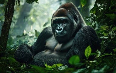 Naklejka premium National Geographic Powerful Silverback Gorilla sitting in a lush green rainforest, deep eyes filled with wisdom, mist rising from the jungle floor