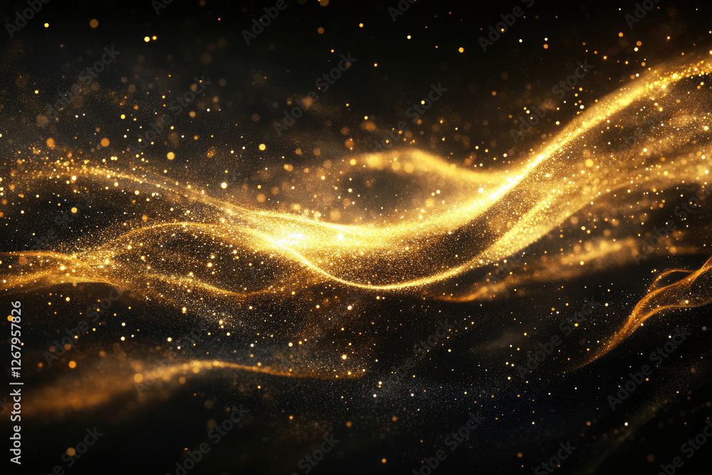 Poster Golden particles flowing in waves on a dark background, creating a luxurious and elegant abstract image.