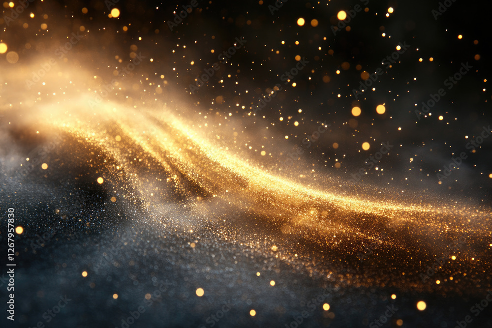 Poster a mesmerizing cosmic swirl of golden dust and glittering particles against a dark backdrop.