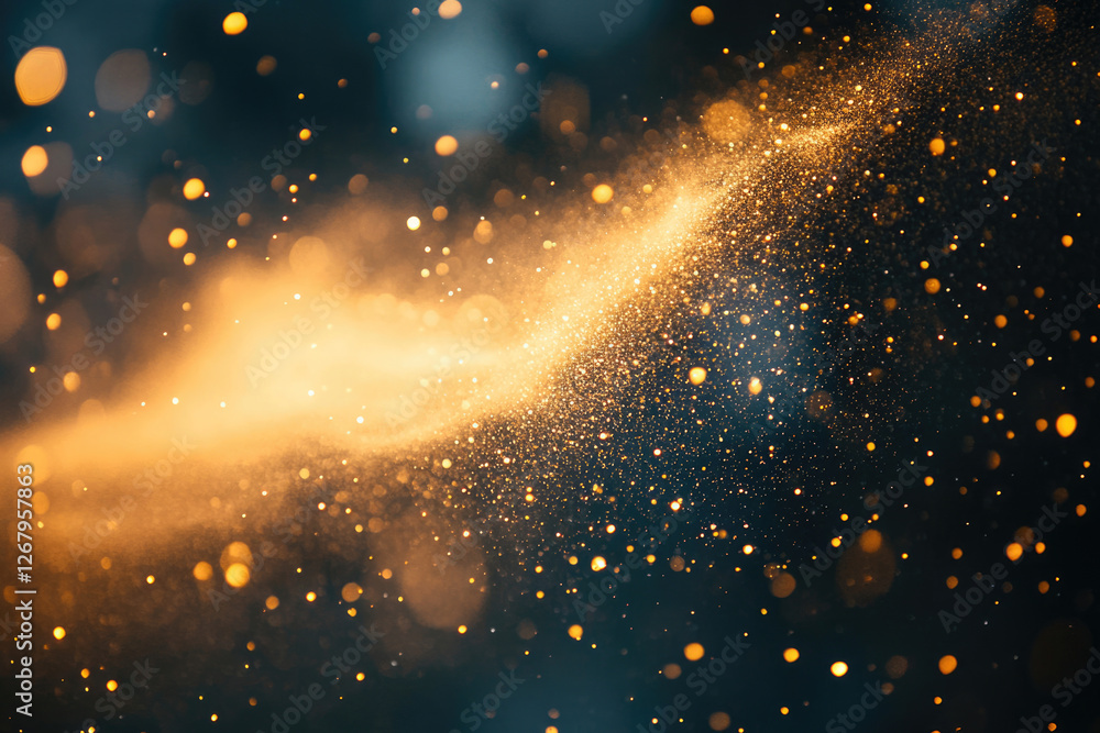 Poster golden dust particles swirling in a dark background, creating a magical, ethereal glow.