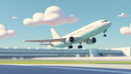 Obraz premium Airplane, Cartoon Airplane, Airplane Taking Off, Airport, Cartoon, Background Image, Travel, Trip, Propeller, Sky, Soaring, Flying, Takeoff, Landing, Illustration, Terminal, Minimalist, Minimalist Sty