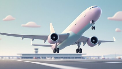 Fototapeta premium Airplane, Cartoon Airplane, Airplane Taking Off, Airport, Cartoon, Background Image, Travel, Trip, Propeller, Sky, Soaring, Flying, Takeoff, Landing, Illustration, Terminal, Minimalist, Minimalist Sty