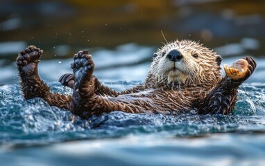 National Geographic Curious Sea Otter floating on its back, cracking open a shell with a small rock, soft waves rolling around it