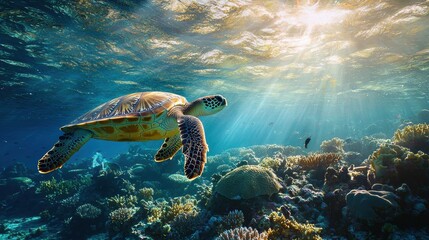Obraz premium , National Geographic Curious sea turtle swimming through a vibrant coral reef, sunlight streaming through the crystal-clear water.