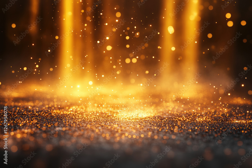 Poster golden glitter sparkles illuminate a dark background, creating a magical, luxurious atmosphere.