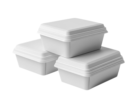 Minimalist white food containers stacked together, perfect for takeout or storage