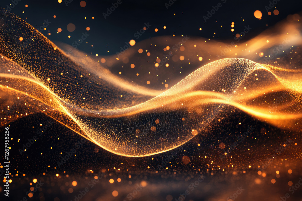 Poster abstract golden wave with glowing particles, elegant and luxurious background.