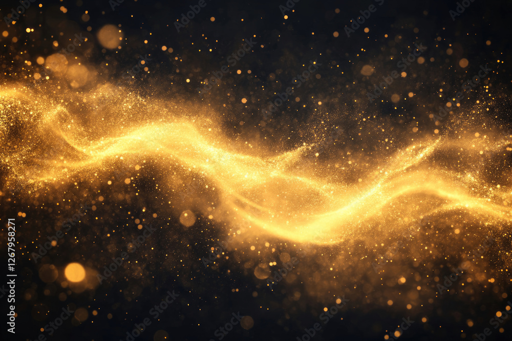 Poster A mesmerizing wave of golden particles shimmers against a dark background, creating a luxurious and elegant abstract image.