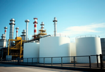White storage tanks for fuel gas are arranged in front of an active petroleum refinery against a vibrant blue sky.