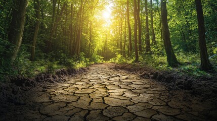 A striking view of a sunlit forest path highlighting dry, cracked ground, symbolizing the contrast between lush greenery and drought conditions in nature.