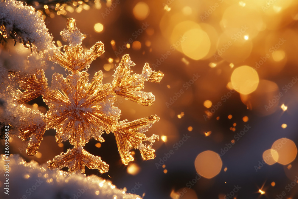 Poster a golden snowflake glistens on a snowy branch, bathed in warm, bokeh-filled sunlight.