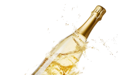 A bottle of champagne popping open, with sparkling liquid splashing out.