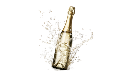 A bottle of champagne popping open, with sparkling liquid splashing out.