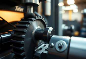 Fototapeta premium Close up of an industrial CNC gear grinding machine showcasing precise engineering and intricate gear design during a machining process.
