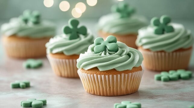 Green cupcakes decorated with shamrock designs for St Patrick's Day celebration