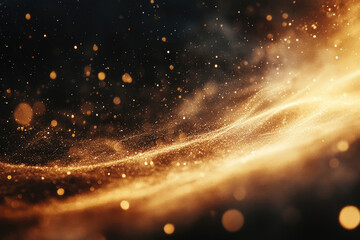 Golden particles swirling in a dark space, creating a mesmerizing cosmic dust wave.