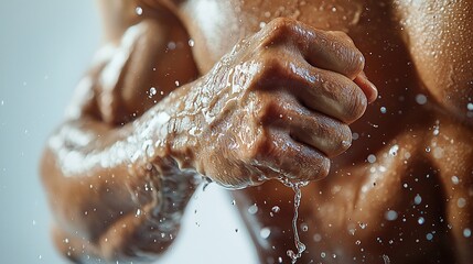 Muscular man clenches fist, water droplets, gym workout