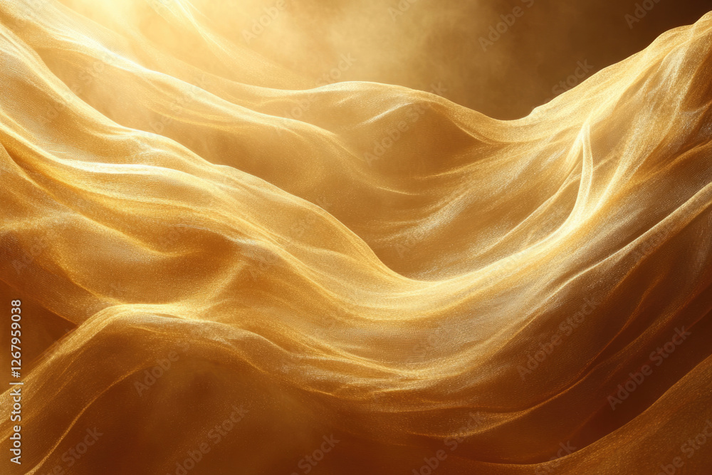 Aufkleber Golden fabric draped in soft waves, illuminated by warm light, creating an elegant and luxurious texture.