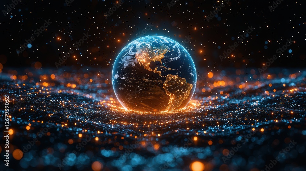 Poster a glowing earth surrounded by shimmering particles in a cosmic setting.