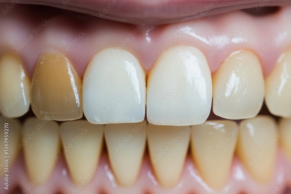 Poster transformation of teeth showcasing results of whitening treatment with clear comparison in close up 