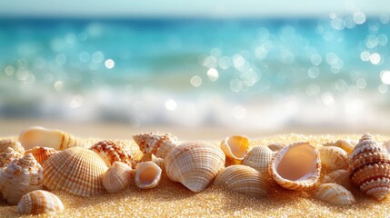 Scattered seashells on golden sand with twinkling bokeh in the background