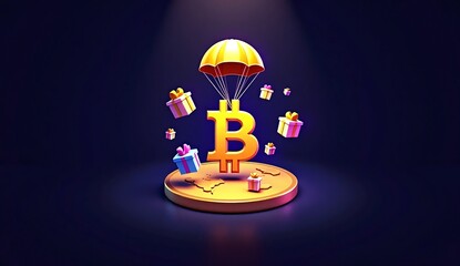Colorful Bitcoin Symbol with Gifts Falling from a Parachute Design