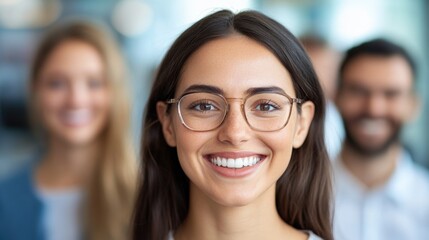 Smiling Business Woman in Glasses with Team