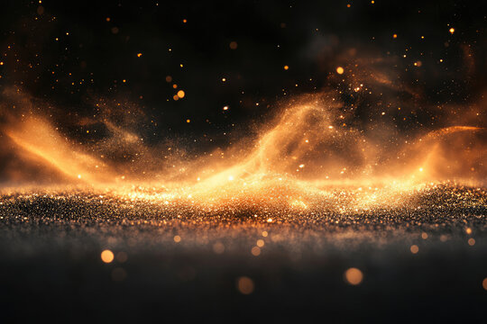 Fototapeta Golden glitter swirls on a dark background, creating a magical, celestial scene.