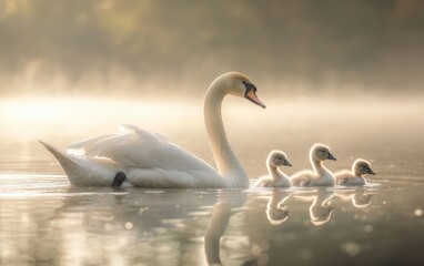 Obraz premium National Geographic Graceful Swan family swimming in a glassy lake, tiny cygnets trailing behind their elegant mother, soft light reflecting off the water